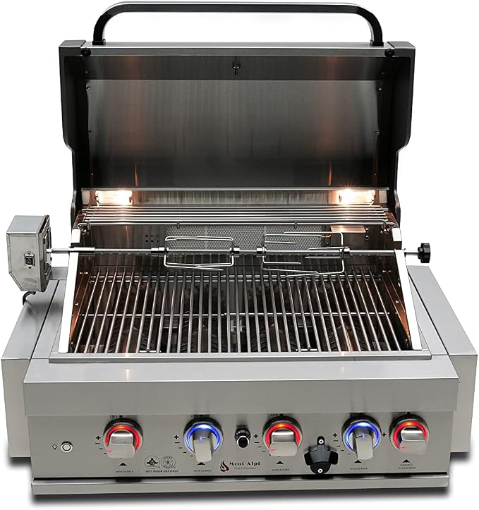 Mont Alpi Premium 32"W x 23"D x 21"H Stainless Steel 4-Burner 63000 BTUs Outdoor Kitchen Kitchen Island Heavy Duty Propane Built-in BBQ Grill Head with Infrared Rear Burner + Rotisserie Kit + Cover