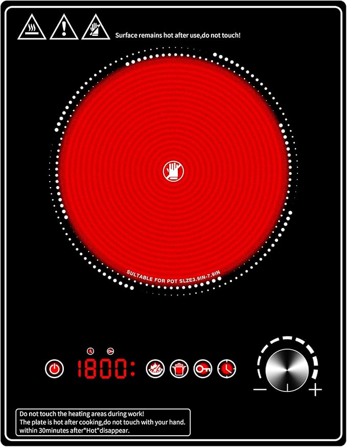 Single Burner Electric Cooktop, 1800W Electric Stove Top，portable cooktop with LED Touch Control,10Power Levels, 4H Timer, Safety Lock, single burner cooktop Overheat protection