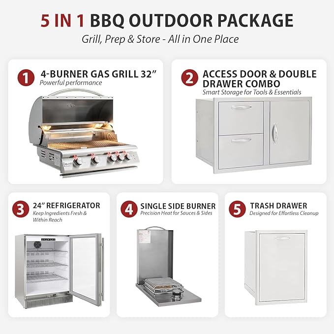 BLAZE BBQ Outdoor Package of 32” LTE Built-in Gas Grill, Gas Dop-In Single Side Burner, 32” Door & Two Drawers Combo, 18” Roll Out Propane Tank/Trash Storage Drawer, 24” Refrigerator, and Accessories