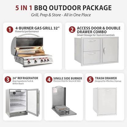 BLAZE BBQ Outdoor Package of 32” LTE Built-in Gas Grill, Gas Dop-In Single Side Burner, 32” Door & Two Drawers Combo, 18” Roll Out Propane Tank/Trash Storage Drawer, 24” Refrigerator, and Accessories