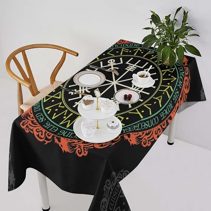 Vintage Viking Pattern Tablecloth, Viking Ancient Runic Helmet of Awe Seasonal Table Cloth Waterproof Wipeable Table Cover for Picnic Holiday Party Kitchen Dining 60x120