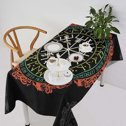 Vintage Viking Pattern Tablecloth, Viking Ancient Runic Helmet of Awe Seasonal Table Cloth Waterproof Wipeable Table Cover for Picnic Holiday Party Kitchen Dining 60x120