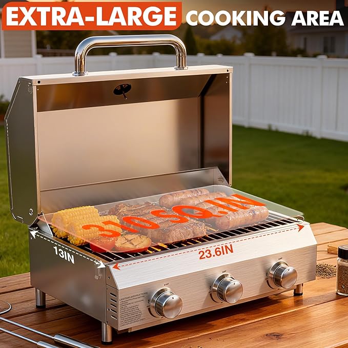 Llamaviva 3 Burner Gas Propane Grill with Dual Fuel Adapter,22500 BTU Stainless Steel Tabletop Portable Grill for Outdoor Barbecue Camping Cooking RV
