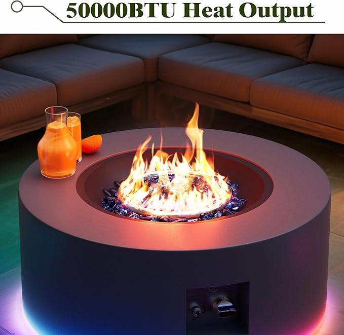 2-Piece Outdoor Propane Fire Pit Table Set w Tank Side Table 30'' Round Fire Pit Table 2-in-1 Firepit Table for Outside Patio Gas Fire Pit w 304 Stainless Steel Burner 50,000 BTU, Dark Gray w RGB LED