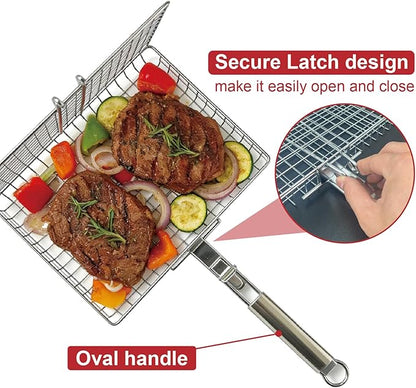 Grill Basket, Stainless Steel Fish Grill Baskets for Outdoor with Detachable Handle - Perfect for Fish, Meat, Vegetables and Ideal as Grilling Gifts for Dad, Barbecue Accessories for Camping and Cooking Essentials.