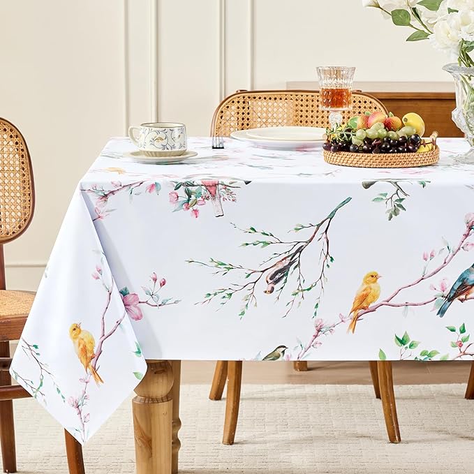 Romanstile Summer Rectangle Vinyl Tablecloth, Outdoor Waterproof Oil-Proof Plastic Table Cloth, Heavy Duty Vinyl Table Cover for Dining, Camping, Picnic, Outdoor - 54 x 108 Inch, Bird