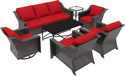7 Pieces Outdoor Conversation Furniture Set - 77" Patio Sofa, 2 Armchairs, 2 Swivel Glider Chairs, 1 Side Table, 1 Metal Table, Patio Wicker Couch with Washable Cushions for Porch (Red)
