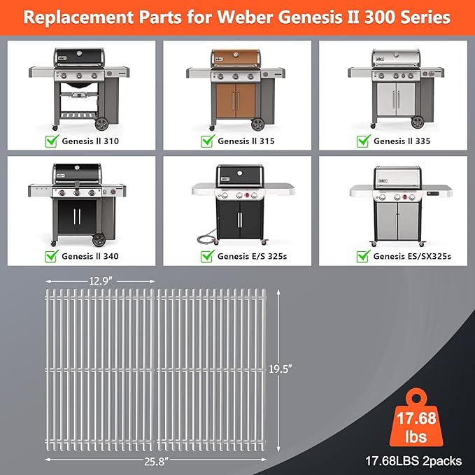 9.5MM 18.75" Grill Grates for Weber Genesis II, Grill Parts for Weber Genesis 2 300 & LX 300 Series, Genesis II E 310, E/S315 320 325 340, 304 Stainless Steel GS4 Replacement Parts for Weber 66095