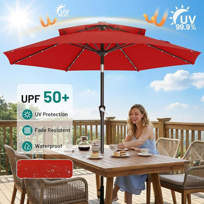 AreShark 9ft 2 Tiers Patio Umbrella with Solar Lights, Outdoor Umbrella w/ 32 LED Lights&8 Sturdy Ribs, Table Umbrella for Deck, Backyard, Pool(Red)