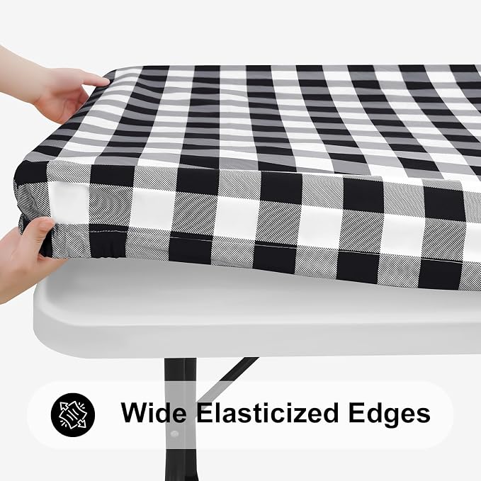 Smiry Rectangle Picnic Table Cloth, Elastic Waterproof Fitted Vinyl Tablecloths, Flannel Backed Buffalo Plaid Table Covers for Dining, Camping, Outdoor (Black and White, 24" x 48")