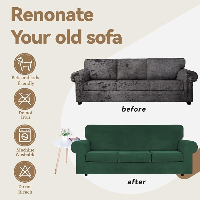 WEERRW 4 Pieces Couch Cover for Sofa Velvet Sofa Covers, Emerald Green | Washable Sofa Covers for 3 Cushion Couch Furniture Protector Sofa Slipcover with Non Slip Elastic Bottom, Pet Friendly, Large