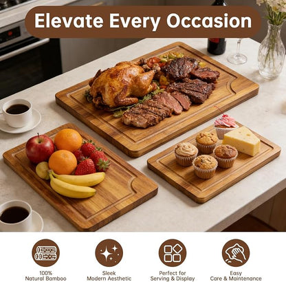 3 Pack Bamboo Cutting Boards Set for Kitchen | Chopping Boards with Deep Juice Groove, Thick Wooden Cutting Board for Meat, Vegetables & BBQ Prep
