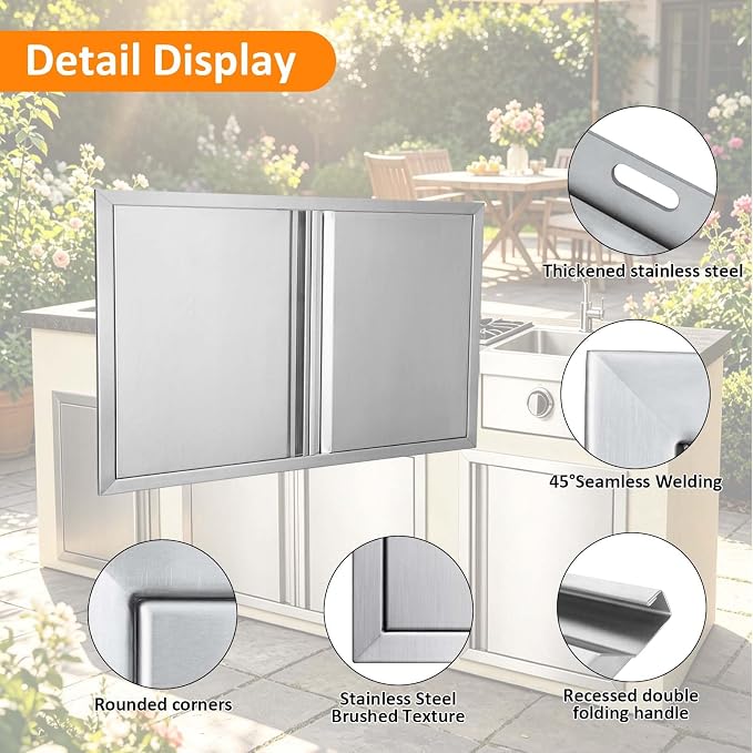 JIE JIN Outdoor Kitchen Door 30" W X 21" H Double Doors BBQ Access Door BBQ Island Door 304 Brushed Stainless Steel Flush Mount Door for Outdoor Kitchen BBQ Island Outdoor Cabinet Doors