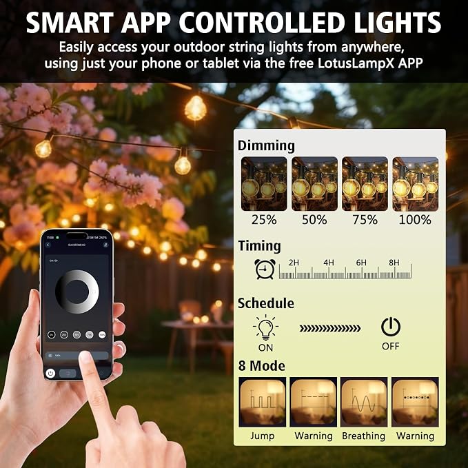 100FT G40 LED Smart String Lights App Controlled with Romote for Outside | Outdoor Patio Lights Connectable with 40+2 Shatterproof LED Bulbs, Outdoor String Lights Timer for Backyard Balcony Garden