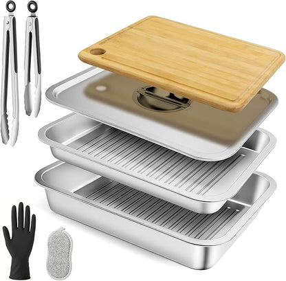 ENLOY 9-in-1 Grilling Prep and Serve Trays Set, Stainless Steel Large Capacity Food Prep Tray, Marinade Container with Lid and Cutting Board & 2 Food Tongs, Cleaning Cloth & 2 Gloves for Pickling Food