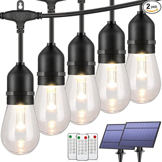 Mlambert 2 Pack Each 48FT 3-Color in 1 Solar String Lights Outdoor, Dimmable Patio Lights with Remote, 30+5 Waterproof LED Bulbs for Cafe Bistro Yard
