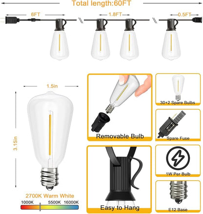 Svater Outdoor String Lights 60 FT, Patio Light with 32 Bulbs Waterproof | Shatterproof ST38 Vintage Edison Bulb, Hanging Lighting Connectable For Outside Bistro Cafe Market Porch, 2700K