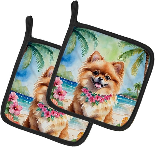Caroline's Treasures Pomeranian Luau Pair of Pot Holders Kitchen Heat Resistant Pot Holders Sets Oven Hot Pads for Cooking Baking BBQ, 7 1/2 x 7 1/2
