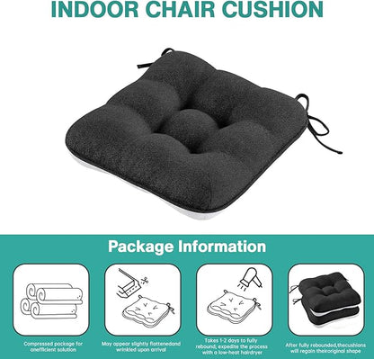 BETU Black Chair Cushions for Dining Chairs Set of 6,3.5" Thick Kitchen Table Chair Pads with Ties,Non Slip Backing and Covers,Seat Cushion for Dining Room,Bar,Patio Chairs,15.5"X15.5"X3.5",Black