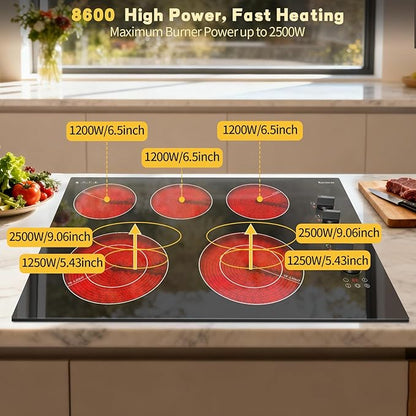 Karinear 30 inch Electric Cooktop, 8600W 5 Burner Radiant Electric Stove Top, Knob & Touch Control with 9 Power Levels, Expandable Zone, Timer, Child Safety Lock, 240V Hardwired