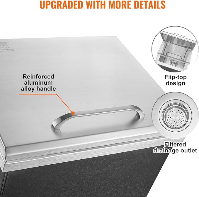 VEVOR Drop in Ice Chest, 14" L x 12" W x 18" H Stainless Steel Ice Cooler, Commercial Ice Bin with Hinged Cover, 40 qt Outdoor Kitchen Ice Bar, Drain-Pipe and Drain Plug Included, for Cold Wine Beer
