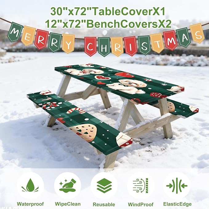 Christmas Picnic Table Cover with Bench Covers Set, Elastic Fitted Tablecloth for Outdoor Picnic Tables, Green Plaid Design with Cute Puppy and Heart Pattern, Durable Vinyl Cover for Campin