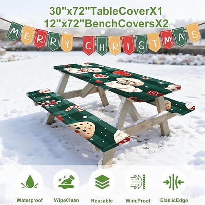 Christmas Picnic Table Cover with Bench Covers Set, Elastic Fitted Tablecloth for Outdoor Picnic Tables, Green Plaid Design with Cute Puppy and Heart Pattern, Durable Vinyl Cover for Campin