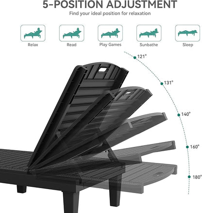 YITAHOME Outdoor Chaise Lounge Chair, Plastic Pool Chaise Lounge with 5-Position Backrest, Easy Assembly & Waterproof for Patio & Poolside, Black