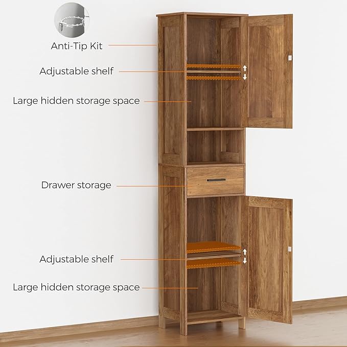 Homhedy 67" H Tall Bathroom Storage Cabinet with Barn Doors and Drawer | Narrow Storage Unit with Adjustable Shelves, Floor Cabinet for Bathroom, Living Room, Entryway,Kitchen,Rustic Walnut, 15.7" W