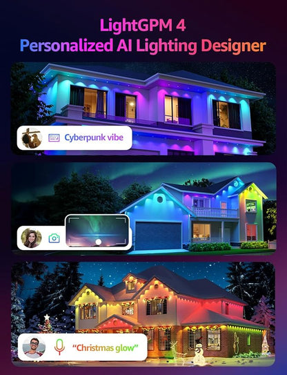 Lepro EE1 AI Permanent Outdoor Lights with Dual-Output, 50ft 30 LED RGB+IC Smart Outside Light for House Christmas Decor,Alexa Google Enabled 2.4 GHz WiFi/Bluetooth, APP Control No Remote Controller