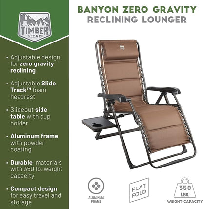 TIMBER RIDGE Zero Gravity Chairs, Folding Recliner Chair Padded with Cup Holder and Headrest, Adjustable Lounge Reclining Chair for Outdoor Camping Lawn Patio Indoor, Supports 350lbs, Brown | Padded Foldable Lounger with Sliding Headrest and Cup Holder...