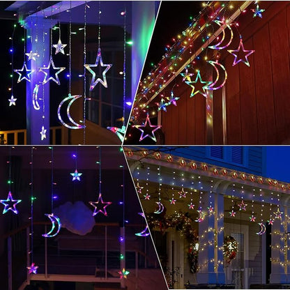 138 LED Ramadan Decorations Lights, Solar Moon Star Lights for Outdoor Waterproof, Solar Powered String Lights with 8 Modes, Ramadan Hanging Decor for Indoor, Home, Patio (Multi-Colored)