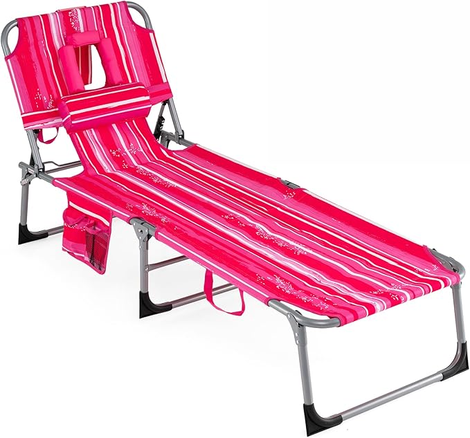 COSTWAY Tanning Chair with Face Hole, Folding Beach Lounge Chair with 4-Position Adjustable Backrest, Pillow & Side Pocket, Foldable Chaise Lounge Chair Outdoor for Sunbathing, Camping (1, Pink+White)
