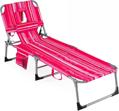 COSTWAY Tanning Chair with Face Hole, Folding Beach Lounge Chair with 4-Position Adjustable Backrest, Pillow & Side Pocket, Foldable Chaise Lounge Chair Outdoor for Sunbathing, Camping (1, Pink+White)