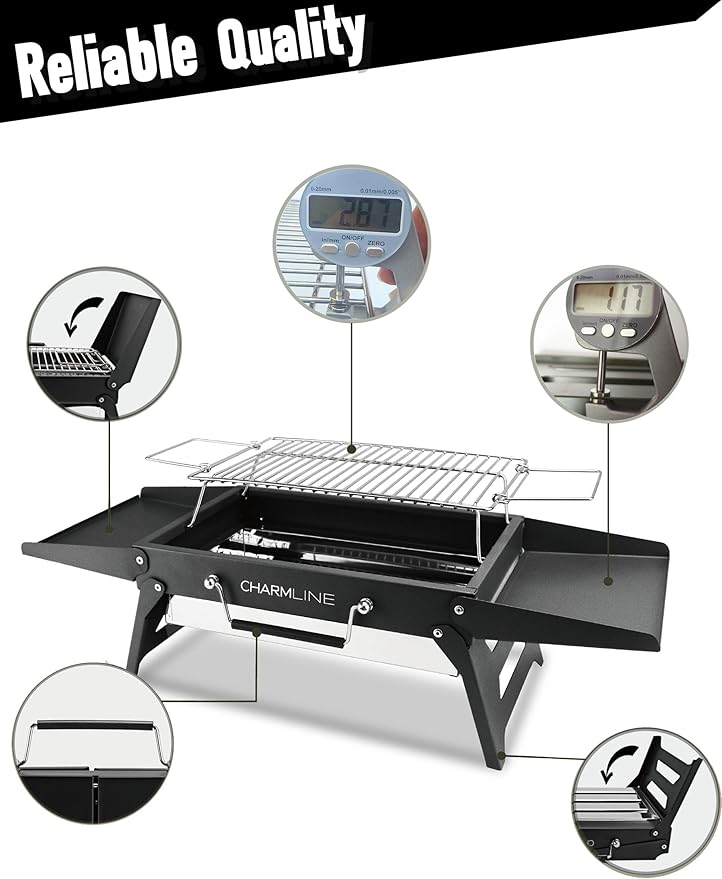 Charmline 14x9inch Small Foldable Portable Charcoal Grill, Charcoal Grills for Camping, Picnics, Gardens and Beach Parties, Black, With 32x20in Fireproof Mat