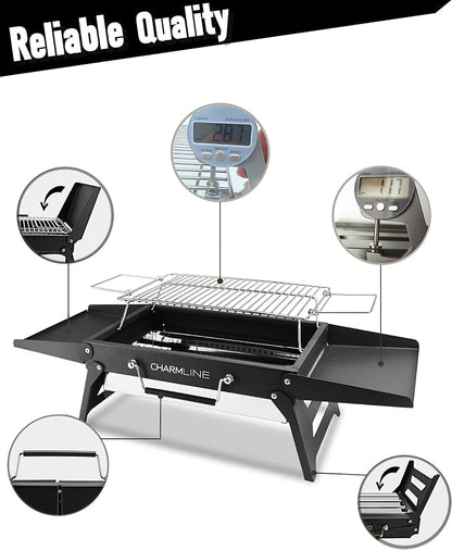 Charmline 14x9inch Small Foldable Portable Charcoal Grill, Charcoal Grills for Camping, Picnics, Gardens and Beach Parties, Black, With 32x20in Fireproof Mat