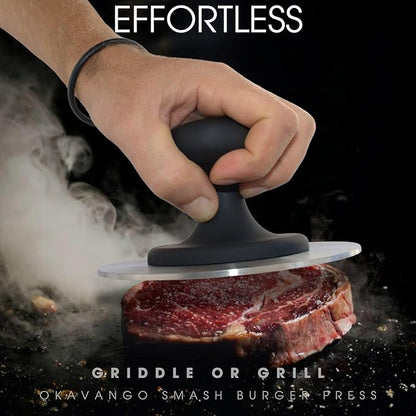 Okavango Burger Press Smash Burger Press - Hamburger Smasher Tool for Griddle & Grill Press Durable Stainless Steel Hamburger Press for Perfectly Cooked Smash Burgers - Burger Smasher (Black)