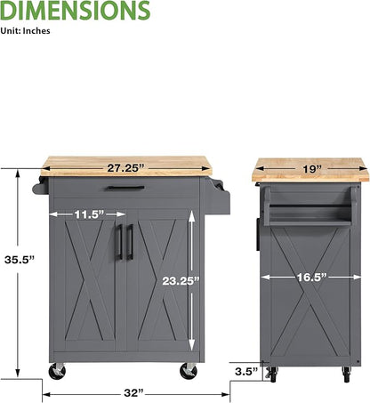 OSP Home Furnishings Bolten Farmhouse Kitchen Cart with Butcher Block Top, Rolling Island with Storage Cabinet and Drawer, 35.5H x 32W x 19D inches, Grey