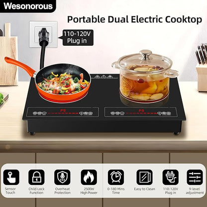 2 Burner Electric Cooktop,110V 2500W Electric Stove Top with Touch Control,9 Heating Level,Timer & Kid Safety 2 burner cooktop.