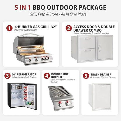 BLAZE BBQ Outdoor Gas Grill Package of 32” LTE Built-in Gas Grill, LTE Built-In Double Side Burner, 32” Door & Two Drawers Combo, Roll Out Double Trash Drawer, Compact Refrigerator and Accessories