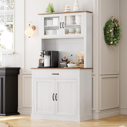 GarveeHome Kitchen Pantry Cabinet, 71 in Tall Kitchen Hutch Storage Pantry with Microwave Stand, Freestanding Buffet with Shelves and Glass Doors for Home Dining Room, White