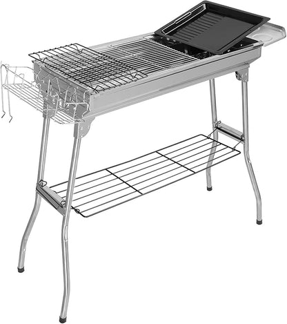 Silver Portable Stainless Steel Grill Foldable Kabob Mangal – Durable Rustproof Grill for Picnic & Camping (39.37 x 12.2 x 27.95)