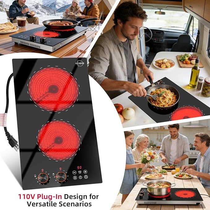 2 Burner Electric Cooktop 110v Hobsir, 2000W Electric Stove Top Burner 12 Inch, 9 Power Levels, Knob & Touch Control, Plug in Cooktop 120v, 99 Mins Timer, Safety Lock, Automatic shutdown