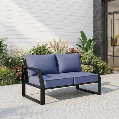 Oversized Outdoor Aluminum Patio Loveseat, 5" Thick Cushions Deep Seat Sofa, Modern Design with Wide Armrests, All-Weather Rustproof Frame for Backyard, Porch, Garden