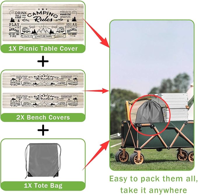 JAWO Camping Rules Wooden Plank Picnic Table Cover with Bench Covers, Camper RV Essentials Gear Supplies Outdoor Waterproof Windproof Tablecloth with Elastic, 30x72 Inch