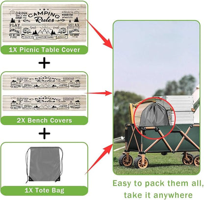 JAWO Camping Rules Wooden Plank Picnic Table Cover with Bench Covers, Camper RV Essentials Gear Supplies Outdoor Waterproof Windproof Tablecloth with Elastic, 30x72 Inch