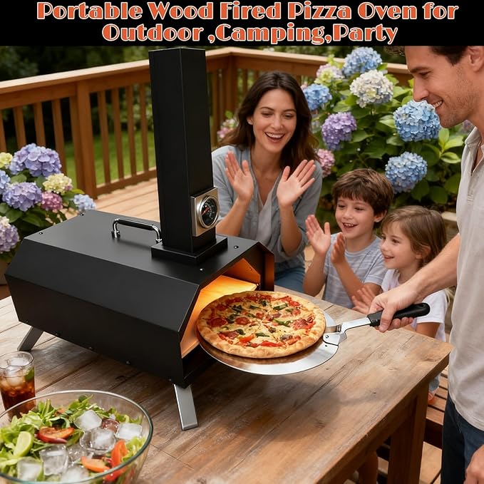12" Wood Pellet Pizza Oven Outdoor, Portable Foldable Pizza Maker with Built-in Thermometer, Square Pizza Stone, Ideal for Camping, Backyard, Patio, Garden & Party