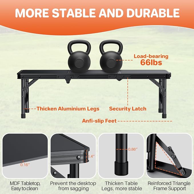 FUNYKICH 3ft Low Folding Camping Table with Carry Bag, 34.2'' Lx15.7'' W Portable Picnic Tables, Lightweight Thicker Aluminum Beach Table with Carry Handle for Beach, Camping, Picnic, Black