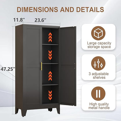 PAOFIN Metal Kitchen Pantry Storage Cabinet with 2 Doors and 3 Adjustable Shelves,Pantry Cabinet with Adjustable Leveling Foot for Kitchen, Living Room, Dining Room（Black）