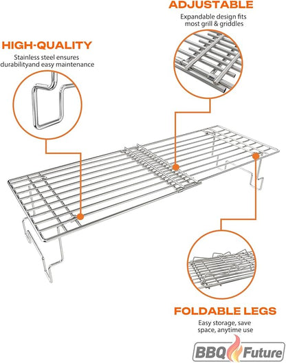 BBQ Future Universal Adjustable Warming Rack for Grills, Folding Stainless Steel Upper Rack for Pit Boss Traeger Pellet Smoker Weber Charbroil Gas Grill Blackstone Griddle & More, Dishwasher Safe